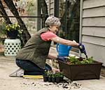 Typ-2-Diabetikerin mit FreeStyle Libre pflanzt Blumen.